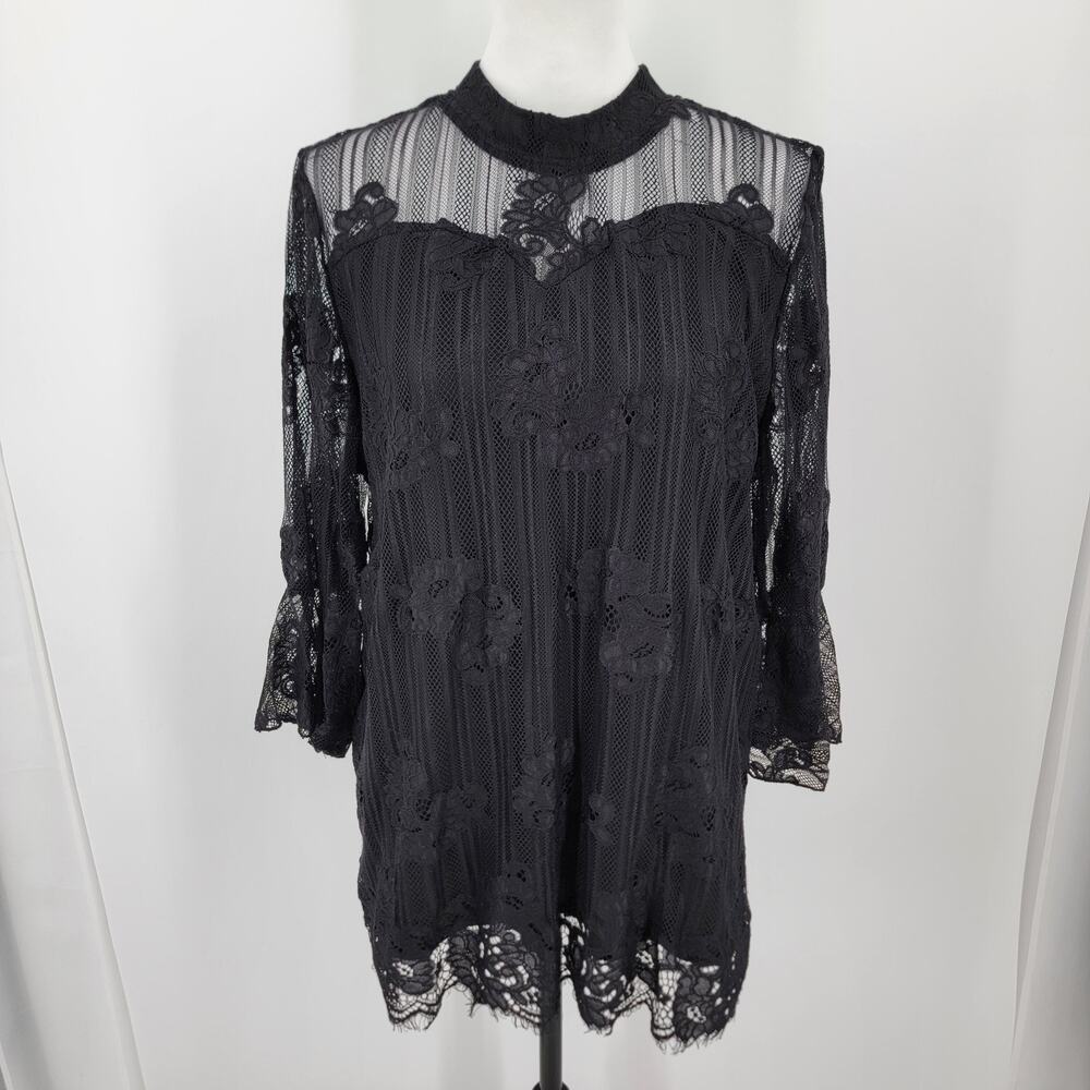 Shannon Ford New York Top Womens Large Black Lace Overlay Sheer Flutter Sleeves